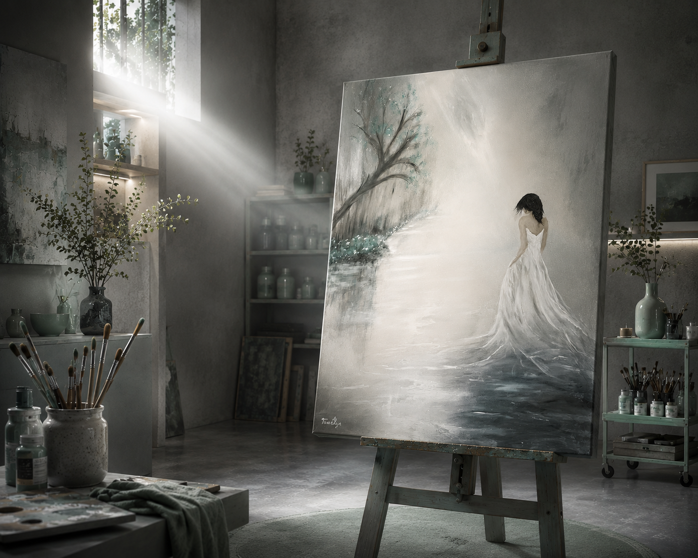 Atelier de Tomélys, peinture Elle… tient debout présentée sur un chevalet dans une atmosphère baignée de lumière.