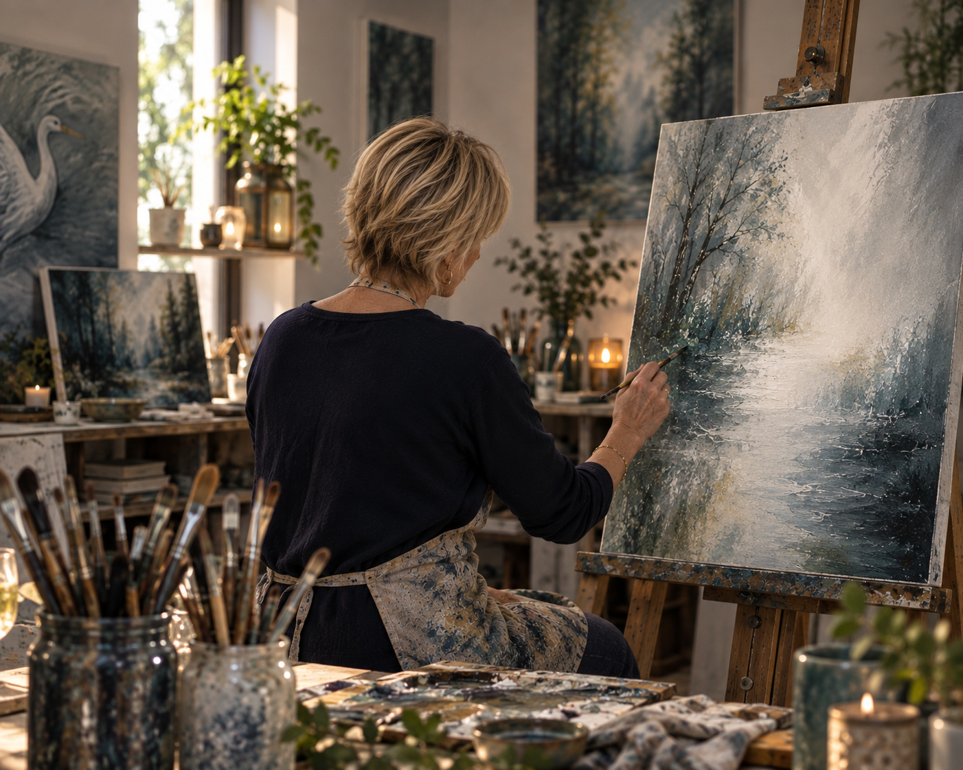 Tomélys dans son atelier, artiste peintre travaillant sur une toile au chevalet, entourée de pinceaux et de peintures.